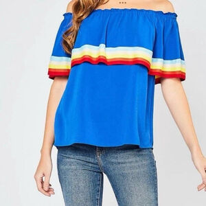 Womens Off Shoulder Top Medium Blue Rainbow Twee Ruffle Casual Playful Blouse